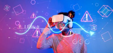 Bir kişi sanal gerçeklik ortamı içinde, dinamik çizelgeler ve uyarılarla borsa veri analizlerini inceleyerek yenilikçi ticaret fırsatlarını ön plana çıkarıyor. XDMCP