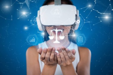 VR kulaklık takan bir kişi, sorumluluk ve yönetimin önemini vurgulayarak yapay zeka, etik ve dijital hukukun karmaşık manzarasını keşfediyor. XDMCP