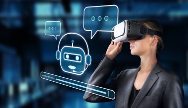 VR kulaklık takan profesyonel bir kadın yapay zeka sohbet robotuyla etkileşime giriyor. Bu resim, modern kullanıcı katılımında sanal gerçeklik ve üretken yapay zeka teknolojilerinin karışımını kapsıyor. XDMCP