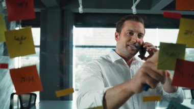Profesyonel işadamı renkli yapışkan notlara yazılmış pazarlama stratejisi fikrine bakarken müşterilerine telefon ediyor. Proje yöneticisi duvardaki telefon analiz verileriyle konuşuyor. Yönlendirici.