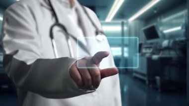 İnsan anatomisi hologramına bakan zeki doktorların laboratuvarda bulanık bir geçmişi var. Tıbbi araştırma yapan ve insan anatomisini inceleyen bir tıp çalışanı. Teknoloji. İyileştirici.