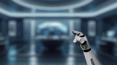 Bir robot el dijital güvenlik arayüzüne ulaşarak, modern bir ortamda veri koruması ve siber güvenlik gibi yenilikçi teknoloji kavramlarını vurguluyor. Auvana