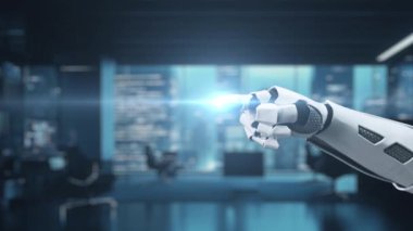 Bu video, modern ofis ortamında bir işaret ve beş yıldızlı kalite ve mükemmelliği sembolize eden dijital bir rozeti işaret eden robotik bir eli gösteriyor. Auvana