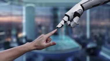 Robotik bir el, modern dijital çalışma alanındaki holografik insan figürleriyle etkileşime geçerek, geleceğin teknolojisi ve insan bağlantılarının kesişimini gösteriyor. Auvana