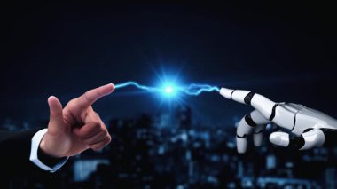 Gelecekçi robot yapay zeka yapay zeka yapay zekayı aydınlatıyor ve makine öğrenme kavramını geliştiriyor. İnsan hayatının geleceği için küresel robot biyonik bilim araştırması. 3B görüntüleme grafiği.