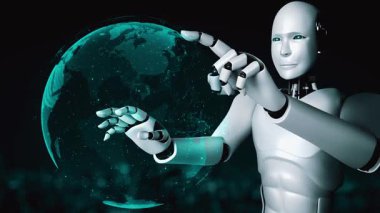 AI hominoid robot touching virtual hologram screen showing concept of big data analytic using artificial intelligence thinking by machine learning process. 3D rendering.