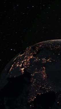 Gerçekçi coğrafya yüzeyi ve bulutların atmosferiyle Dünya 'nın 3D yörüngesel animasyonu. Kıtaları ve okyanus manzarasını gösteren dönen dünya küresi .