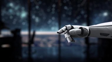 Robotik bir el, modern ve gelecekçi bir ortamda teknoloji ve yeniliğin kesişimini sembolize eden parıldayan dijital devre çipine uzanır. Auvana