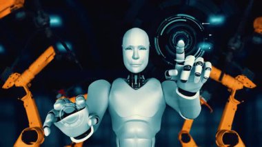 Cybernated industry robot and robotic arms for assembly in factory production . Concept of artificial intelligence for industrial revolution and automation manufacturing process .