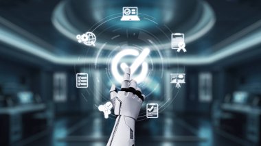 Fütürist bir robot el, yüksek teknolojili bir ortamda yenilik ve veri analizini sembolize eden çeşitli simgelerin yer aldığı dijital bir arayüzle meşgul oluyor. Auvana