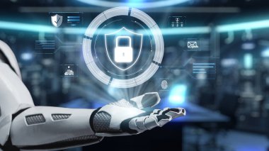 Robot bir kol, kalkanlar ve kilitler de dahil olmak üzere dijital güvenlik simgeleri sergiliyor. Bu görüntü, modern teknolojideki siber güvenlik ve dijital korumanın geleceğini somutlaştırıyor. Auvana