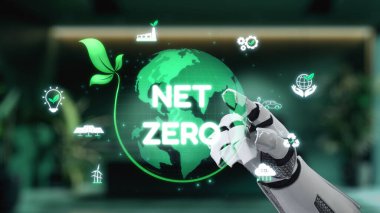 Fütürist bir robotik el, net sıfır hedefini vurgulayan, sürdürülebilirliği, yeşil enerjiyi ve çevresel sorumluluğu temsil eden ikonları gösteren dijital bir küreyle etkileşir. Auvana