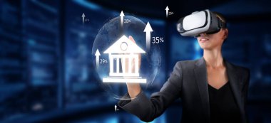 Sanal gerçeklik kulaklığı takan profesyonel bir kadın dijital yenilikler yoluyla bankacılığın geleceğini keşfediyor, teknoloji, finans ve yatırımın kesişimini gösteriyor. XDMCP