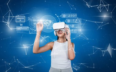 Genç bir kadın, fütüristik grafikler ve dijital ekranlar arasında canlı bir ortamda üretken yapay zeka kavramını benimseyerek sanal gerçekliği deneyimliyor. XDMCP