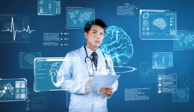 Mavi arka planda dururken elinde belge tutan yetenekli bir doktor. Hasta semptomlarını teşhis etmek ve insan organı hologramına bakmak için yapay zeka kullanan akıllı bir sağlık çalışanı. Yaratıcılık.