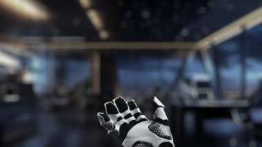 Fütürist robotik bir el, modern bir ofiste yüksek reytingleri ve olumlu geri bildirimi simgeleyen beş altın yıldızı barındırır. Dijital iletişim performans mükemmelliğini yansıtır. Auvana