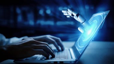 Gelecekçi robot yapay zeka yapay zeka yapay zekayı aydınlatıyor ve makine öğrenme kavramını geliştiriyor. İnsan hayatının geleceği için küresel robot biyonik bilim araştırması. 3B görüntüleme grafiği.