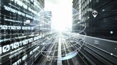 Çevrimiçi trafik kontrol sistemi olan sessiz ve fütürist bir şehirde akıllı ulaşım. Yeni bilgi çağındaki küresel eğilimleri değiştiren akıllı dijital dönüşüm ve teknoloji bozulması kavramı .
