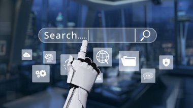 Fütüristik bir robot el, çağdaş bir ofis ortamında teknolojiyi ve bağlantıyı sembolize eden ikonlarla çevrili bir dijital arama çubuğunu işaret eder. Auvana