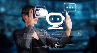 Bir kadın sanal gerçeklik teknolojisini yapay zeka sohbet robotuyla etkileşime girmek için kullanıyor, takvimi hakkında bilgi arıyor, dijital iletişimde yenilik sergiliyor. XDMCP