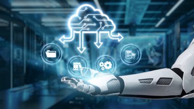 Bir robot el, modern teknolojide veri yönetimi, bağlantı ve otomasyonun geleceğini gösteren bulut altyapısının sanal sembollerine uzanıyor. Auvana