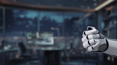 Bir robot el gelişmiş bir yapay zeka arayüzü sunar, veri analizleri, dijital grafikler ve teknoloji sembolleri parlak ve modern ortamlarda sergilenir. Auvana