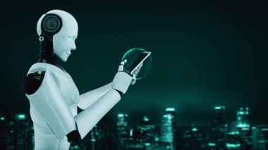 AI robot huminoid uses cloud computing technology to store data on online server . Futuristic concept of cloud information storage analyzed by machine learning process . 3D rendering .