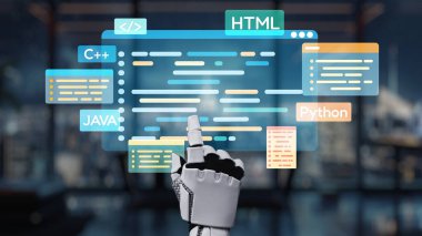 Modern kodlama ortamlarında teknolojinin ve otomasyonun entegrasyonunu gösteren bir robot el dijital ekranda çeşitli programlama dilleriyle gösteriliyor. Auvana