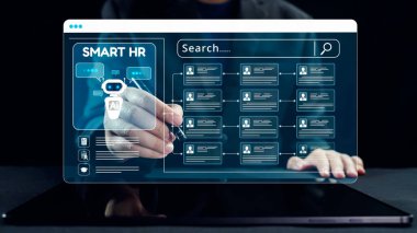 Gelecekçi bir insan kaynakları yönetim aracı bir yapay zeka asistanıyla etkileşimli bir arayüz sergiliyor. Bu dijital platform işe alım ve veri yönetimi süreçlerini etkin bir şekilde düzene sokar. Dörtgen