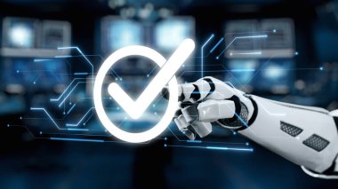 Bir robotik el, yüksek teknolojili bir ortamda parlayan bir işaretle etkileşime girer. Teknolojik uygulamalar ve yeniliklerin doğruluğunu ve başarısını sembolize eder. Auvana