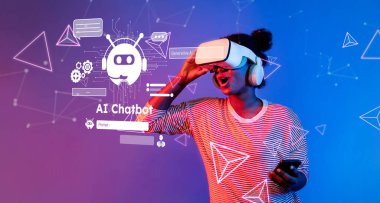 Genç bir kadın, teknolojinin geleceğini yansıtan canlı bir dijital alana daldırılmış yapay zeka sohbet robotuna bağlanmak için sanal gerçeklik kulaklığı kullanıyor. XDMCP