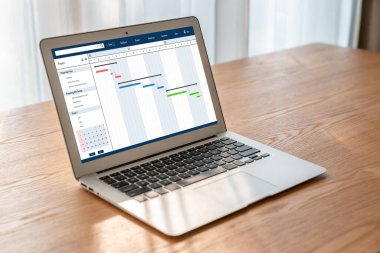 Ekip projesinin zaman çizelgesini gösteren bilgisayar ekranında, modern iş projesi yönetimi için proje planlama yazılımı