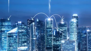Küreselleşme soyut grafiği bağlantı ağını gösteren akıllı dijital şehir. Gelecekteki 5G akıllı kablosuz dijital şehir ve sosyal medya ağ sistemleri kavramı .