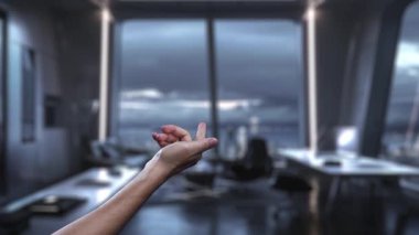 Bir insan eli modern bir ofiste robot kola uzanıyor, yapay zeka ve dijital elementlerle insan etkileşimi arasındaki bağlantıyı gösteriyor. Auvana