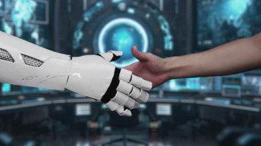 Bir insan eli, çağdaş bir ofis içinde iş ve veri yönetiminde sonsuz olasılıkları gösteren parıldayan teknoloji sembollerine doğru uzanır. Auvana