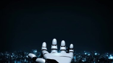 Gelecekçi robot yapay zeka yapay zeka yapay zekayı aydınlatıyor ve makine öğrenme kavramını geliştiriyor. İnsan hayatının geleceği için küresel robot biyonik bilim araştırması. 3B görüntüleme grafiği.