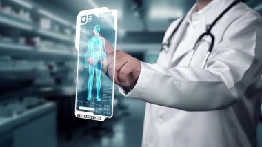 Profesyonel doktor muayenesini kapat ve insan muayene raporuna bak. Doktor röntgene bakıyor ve HUD gösterge panelindeki kalp atışlı tüm vücut hologramını analiz ediyor. İyileştirici.