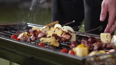 Grilled food of family celebration anniversary. Family have dinner party in garden. Outdoor camping activity relax with tasty food and spend time with cute relatives cross generation gap. Divergence.