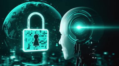 AI robot huminoid uses cloud computing technology to store data on online server . Futuristic concept of cloud information storage analyzed by machine learning process . 3D rendering .