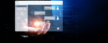 Yapay zeka sanal asistanı Chatbot ile yapay zeka konsepti ile insan etkileşimi, yapay zeka mühendisliği, LLM yapay zeka derin öğrenimi iş desteği için üretken yapay zeka kullanımı. EIDE