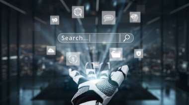 Teknoloji ikonlarıyla çevrili dijital arama çubuğuna doğru uzanan robot bir el, modern ofis ortamında yeniliğin ve bağlantının geleceğini gösteriyor. Auvana