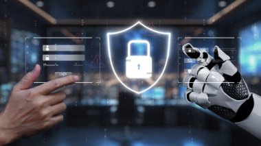 Bir insan eli ve dijital güvenlik arayüzüne bağlanan bir robot eli gösteren büyüleyici bir sahne. Görsel olarak korunma ve yenilik temaları vurgulanıyor. Auvana