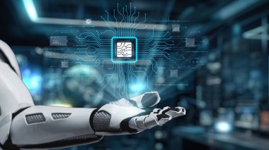 Fütürist bir robot el dijital grafiklerle çevrili bir mikroçip sunar, teknoloji ve yapay zekadaki yeniliği sembolize eder. Dijital sanat için mükemmel. Auvana