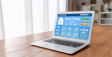 Smart home technology, centric remote control system with digital dashboard for air conditioning, safety security network or house automation. App software, ui panel programming IOT monitor snugly