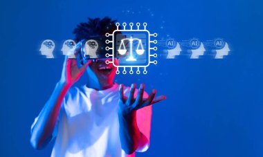 Yapay zeka ve hukuk kavramlarıyla uğraşan, etik, yönetim ve sorumlu dijital uygulamaların önemini vurgulayan genç bir bireyin dinamik bir tasviri. XDMCP