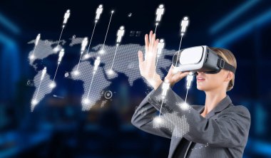 Sanal gerçeklik teknolojisini kullanarak dijital dünya haritasına karşı kurulan ve küresel bağlantıları ve etkileşimleri gösteren bir iş kadını. XDMCP