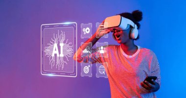 Sanal gerçekliğe dalmış bir kişi yapay zeka özellikleri yaşıyor, teknoloji ve kullanıcı arasındaki etkileşimi yenilikçi yollarla gösteriyor. XDMCP