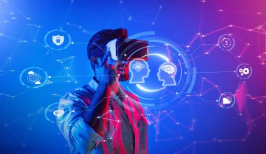 Sanal gerçeklik teknolojisiyle uğraşan bir insan, görsel olarak çarpıcı bir ortamda yapay zeka ve dijital etkileşimin kesişimini gösteriyor. XDMCP