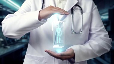 Akıllı doktorların HUD gösterge panelini tutup laboratuvarda yüzen vücut hologramlarını yakın plan çekimleri. Teknoloji kullanarak insan anatomisini inceleyen ve gösteren yetenekli bir tıp çalışanı. İyileştirici.