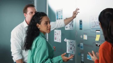 Profesyonel iş ekibi Ux ve Ui tasarımını kullanarak fikir paylaşımı yapıyor. Bir grup iş adamı pazarlama planı hakkında beyin fırtınası yapıyor. Çeşitli iş adamları zihin haritası kullanarak çözüm buluyor. Yönlendirici.